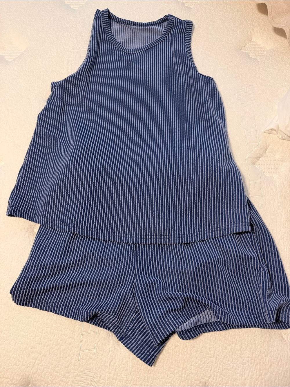 Blue Striped Ribbed Tank and Short Set